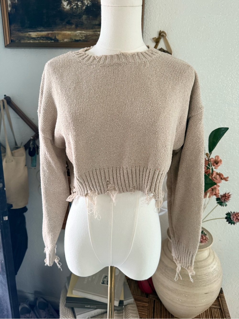 Mustard Seed Beige Cropped Distressed Sweater